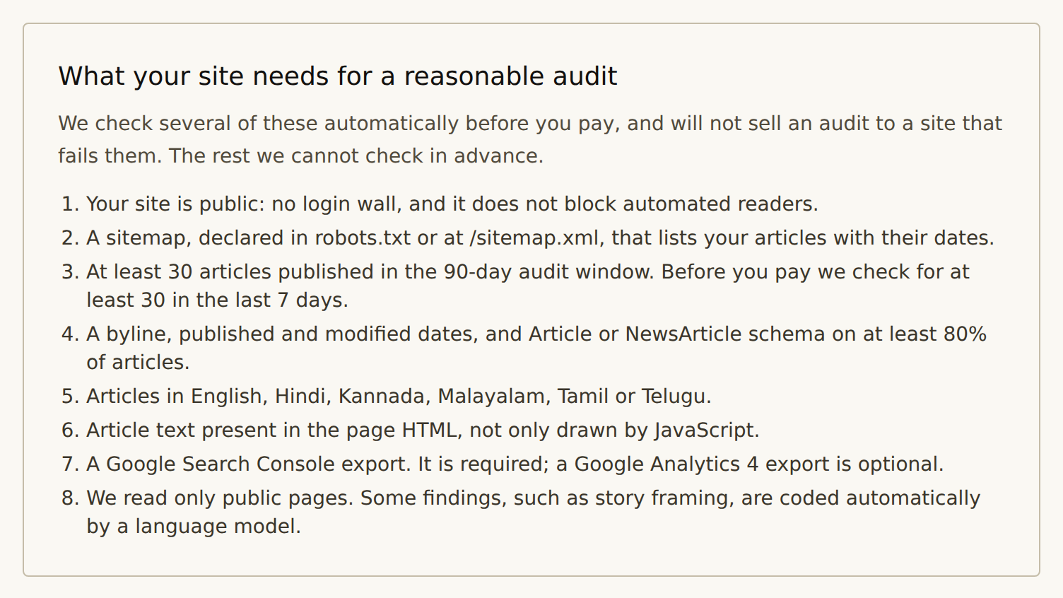The buy page lists what a site needs, so you can check before you sign in.