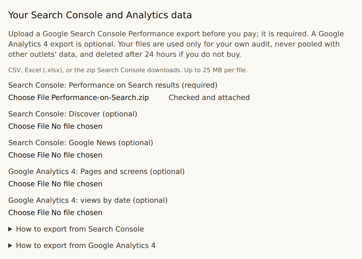 Step 4: upload the Search Console export. Each file is checked as it arrives.