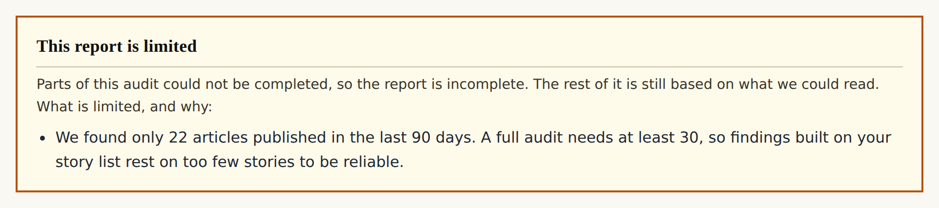 The notice at the top of a limited report: what is limited, and why.
